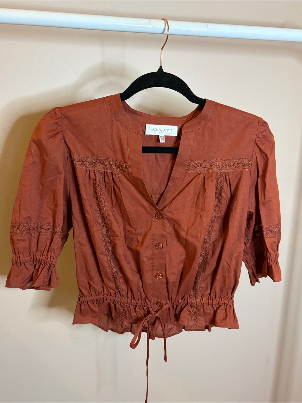 Wayf Rust Button-Front Smocked Drawstring Cropped Blouse